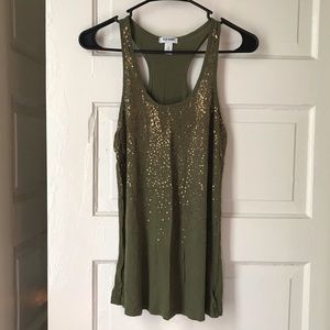 Old Navy green tank top w/cascading gold glitter ✨